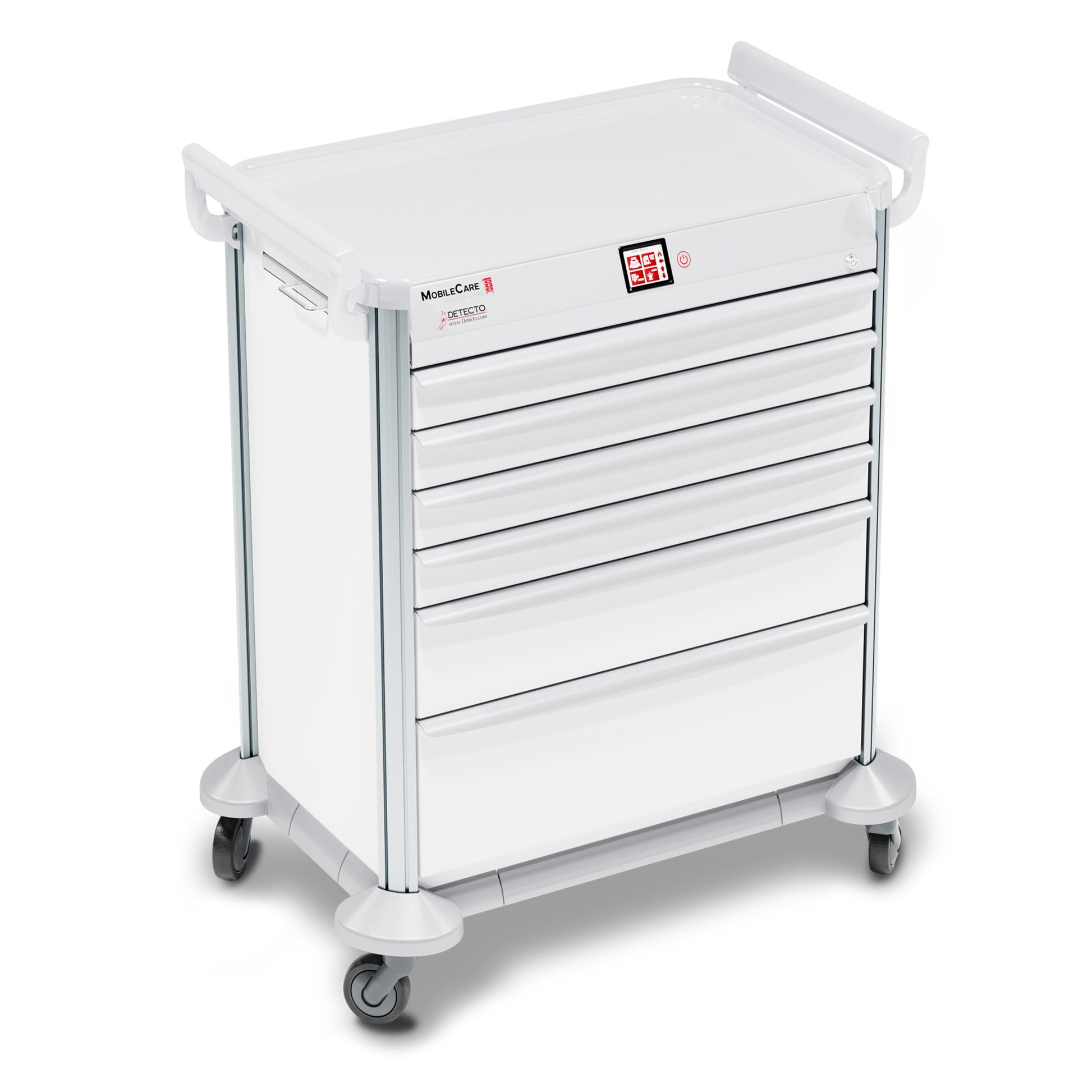 Cart, Medical, DETECTO, MobileCare Series, Electronic - Individual Drawer Lock/Drawer Sensor, White Frame, 29in W Drawer, 6 Drawer w/Soft Closure Slides, 3/3/3/3/6/9 Drawer Configuration, Utility Shelf, Full Assemble, 360 Degree Rotation, Handrails, Solid Aluminum Extrusion, Battery Powered (DROP SHIP ONLY)