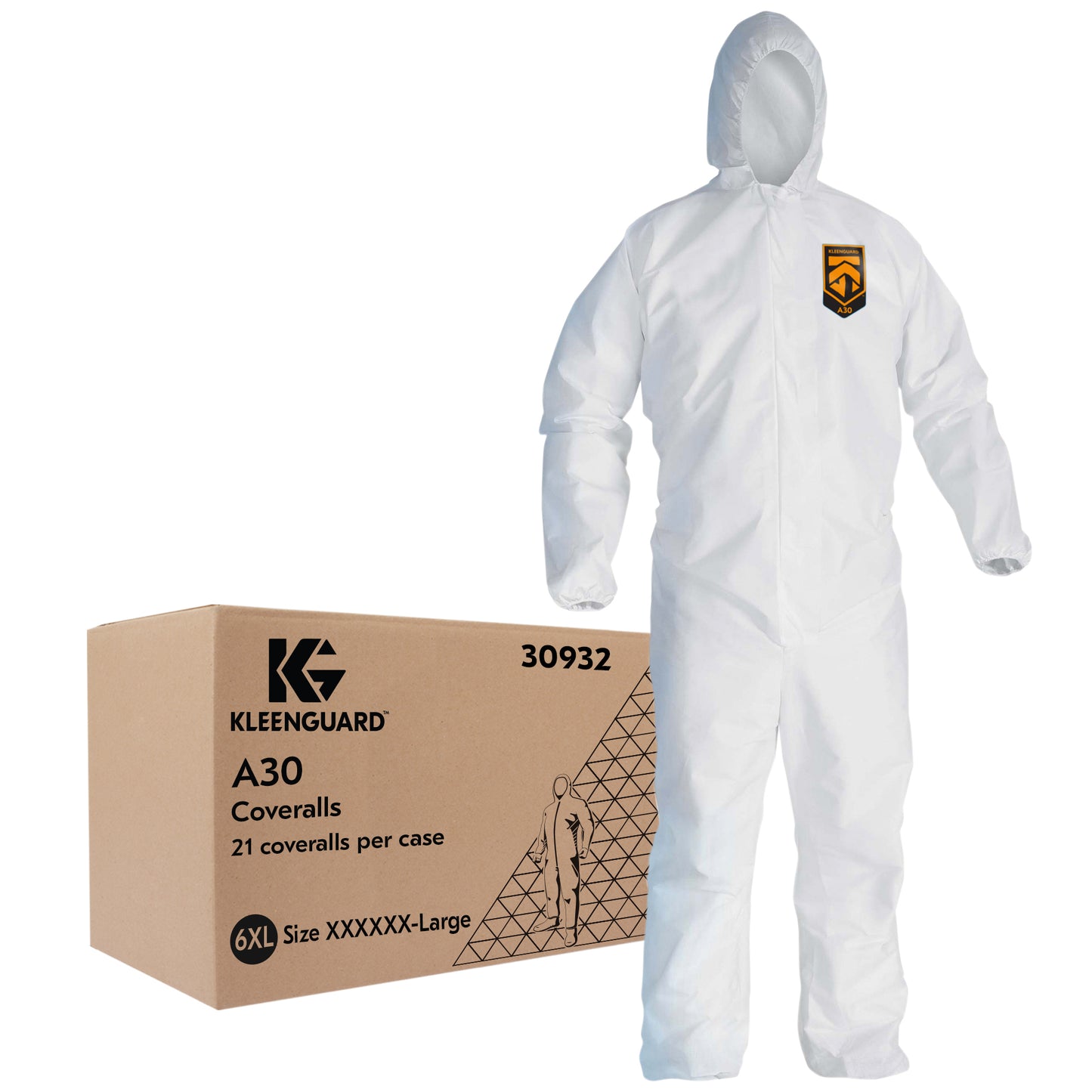 KleenGuard A30 Coveralls, 6XL, White, Zipper Front with 1" Flap, Elastic Back/Wrists/Ankles & Hood, 21/cs