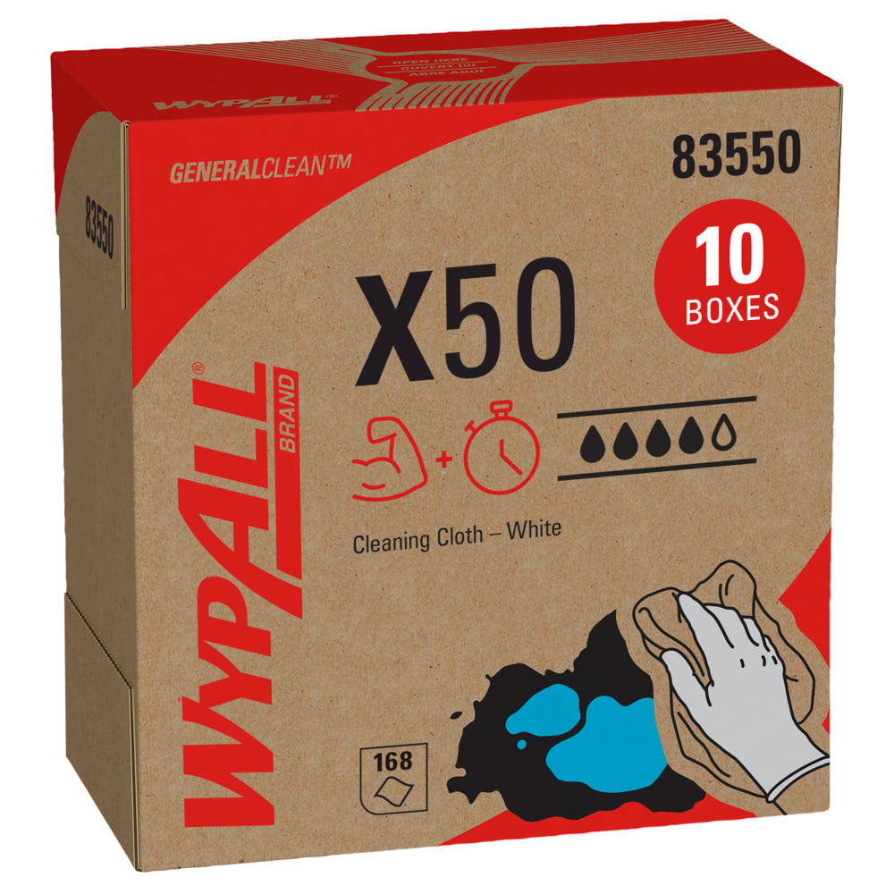 WypAll GeneralClean X50 Cleaning Cloths, Pop-Up Box, White, 168 Sheet/bx, 10 bx/cs (Products cannot be sold on Amazon.com or any other 3rd party site) (US Only)