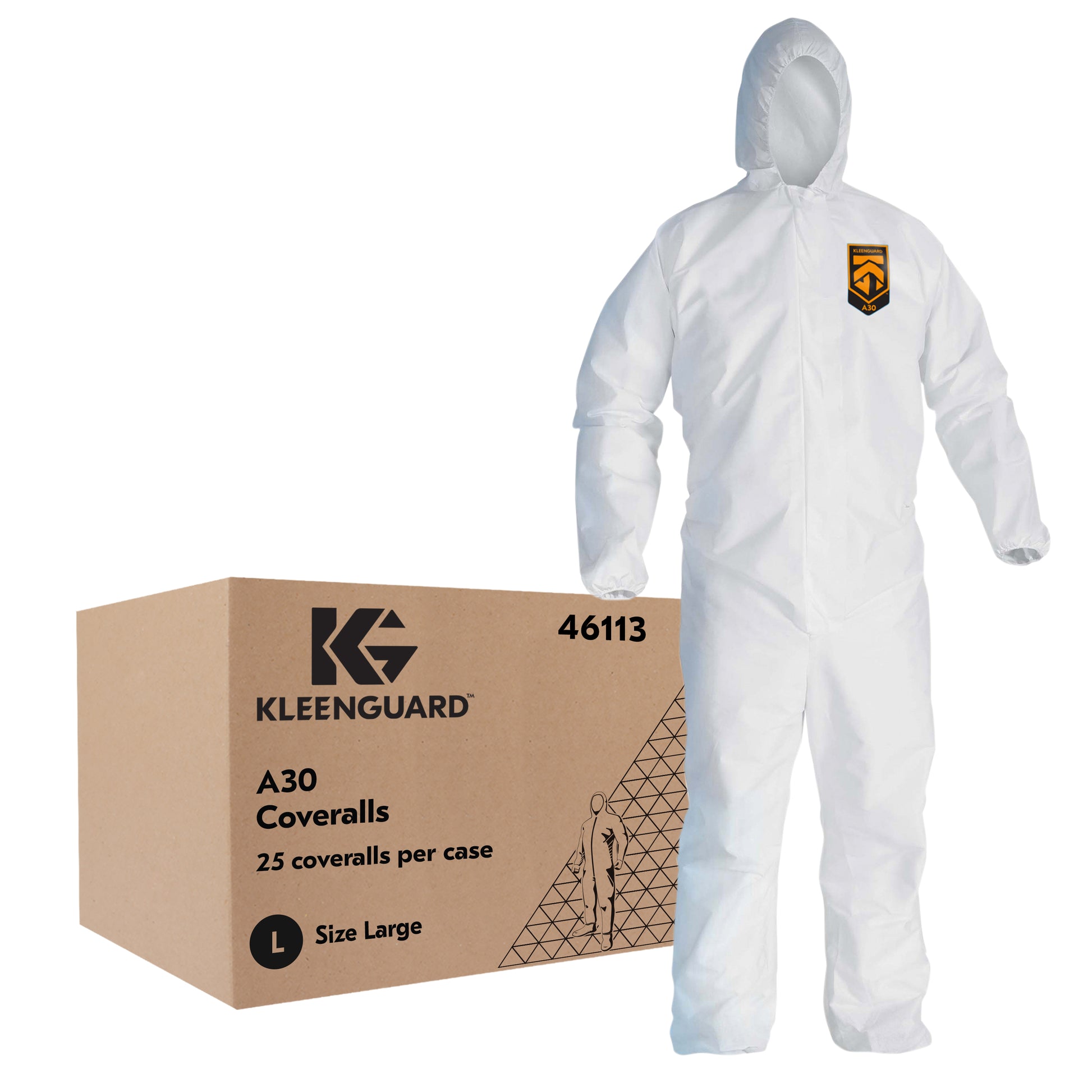 KleenGuard A30 Coveralls, Large, White, Zipper Front with 1" Flap, Elastic Back/Wrists/Ankles & Hood, 25/cs