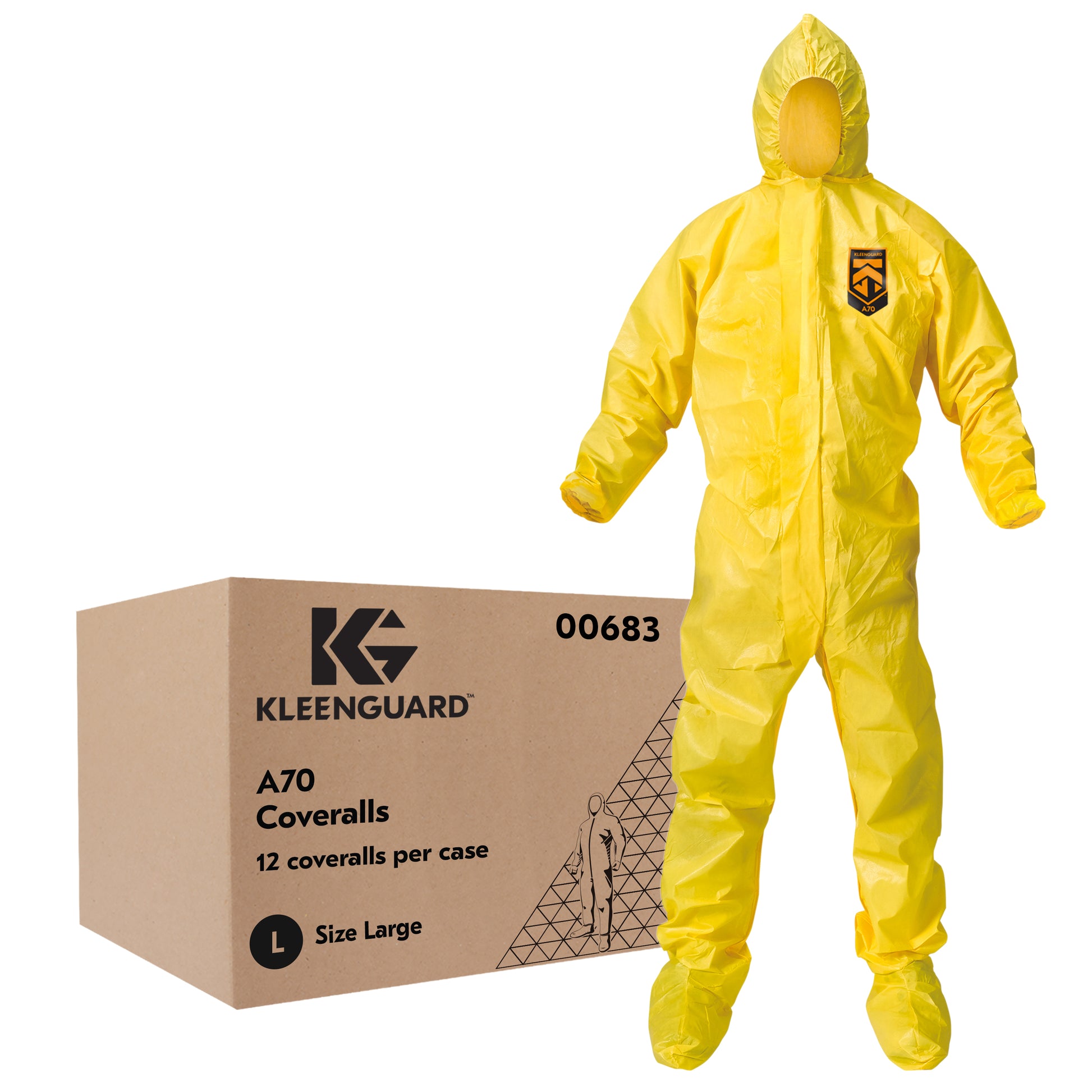 KleenGuard A70 Coverall, Large, Yellow, Zipper Front, Storm Flap, Elastic Wrists/Ankles, Hood and Boots, 12/cs (Products cannot be sold on Amazon.com or any other 3rd party site) (US Only)  