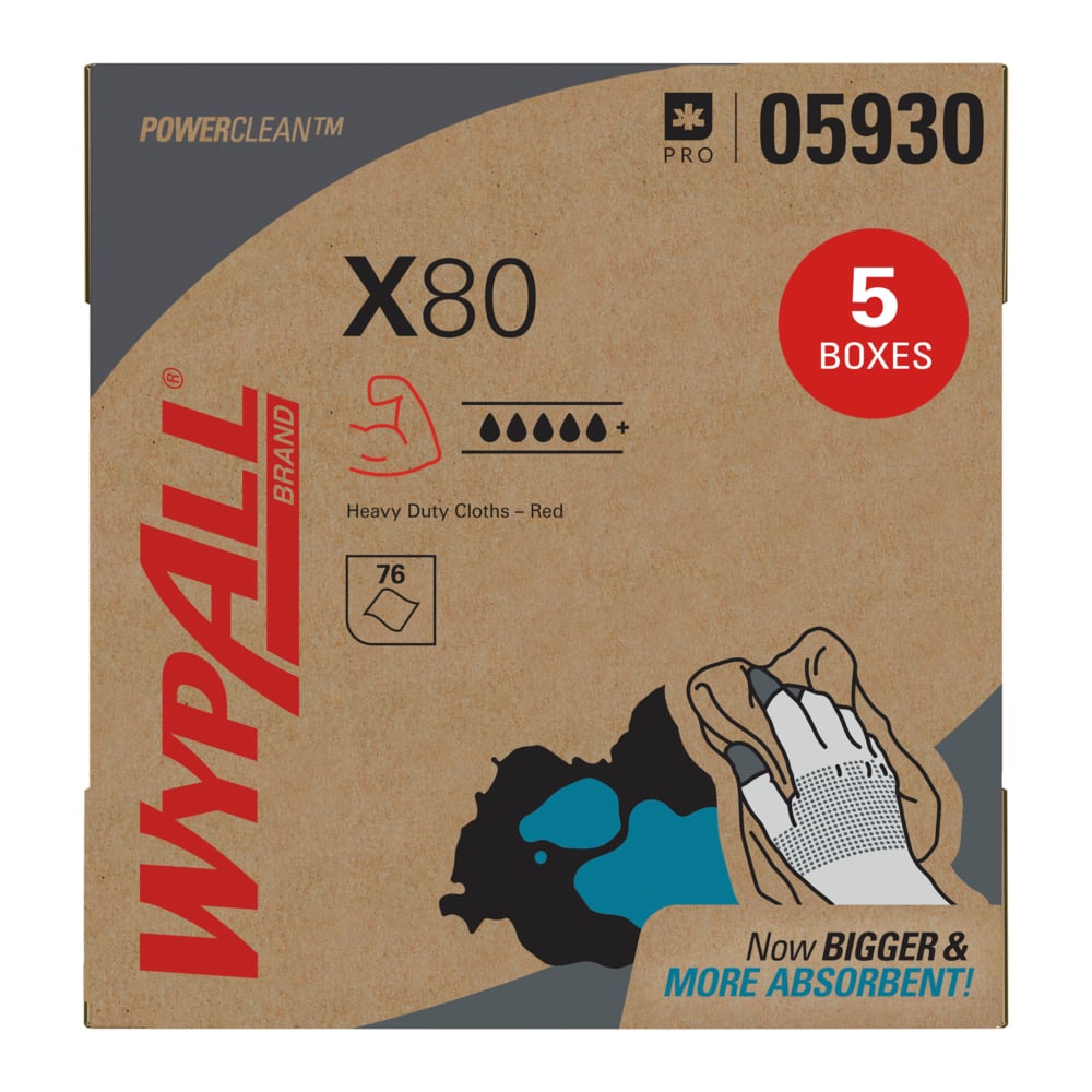 WypAll X80 Cloth, 9.1" x 16.8", Red, 80 sheets/bx, 5 bx/cs