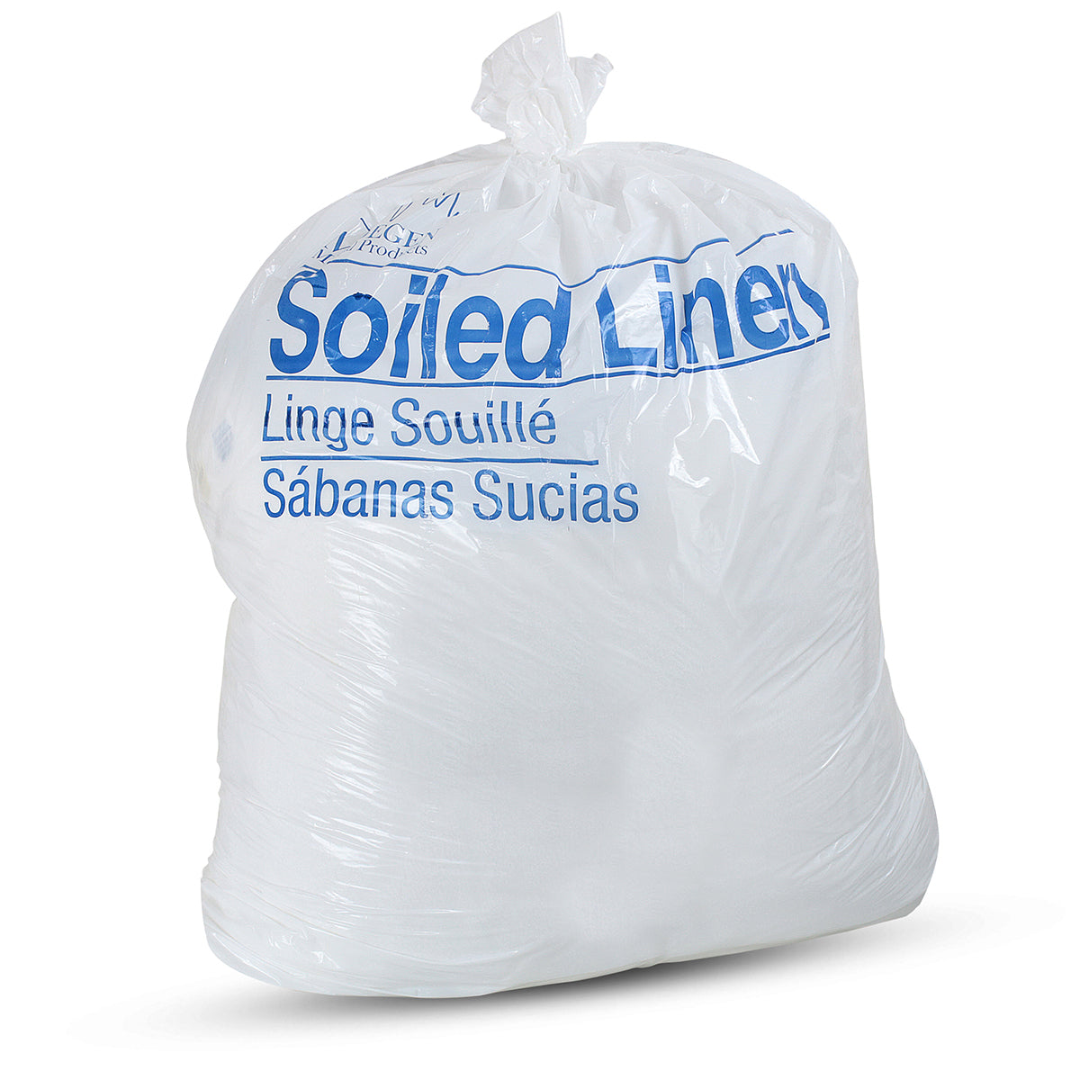 Laundry & Linen Bags, LLDPE Film, 25" x 34", Print: Soiled Linen, Color: White/ Blue, 1.2 Mil, 12-16 Gal, Flat Pack, 250/cs