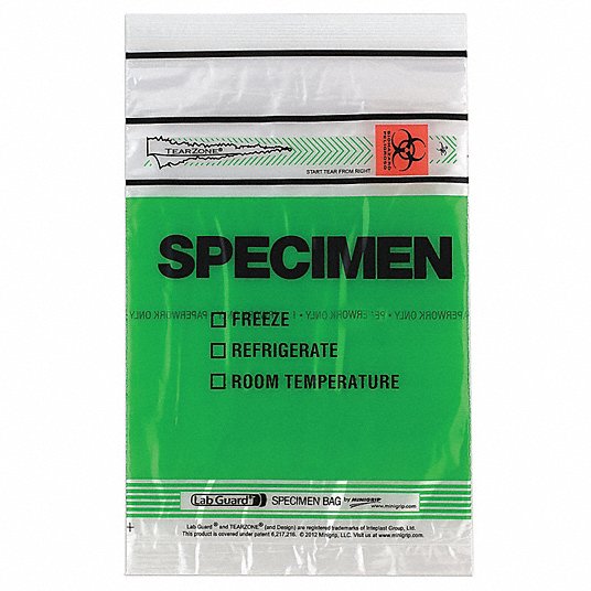 Transport Bag with Zip Closure, 6" x 9", Green/ Clear, Biohazard, 2 mil, 1000/cs