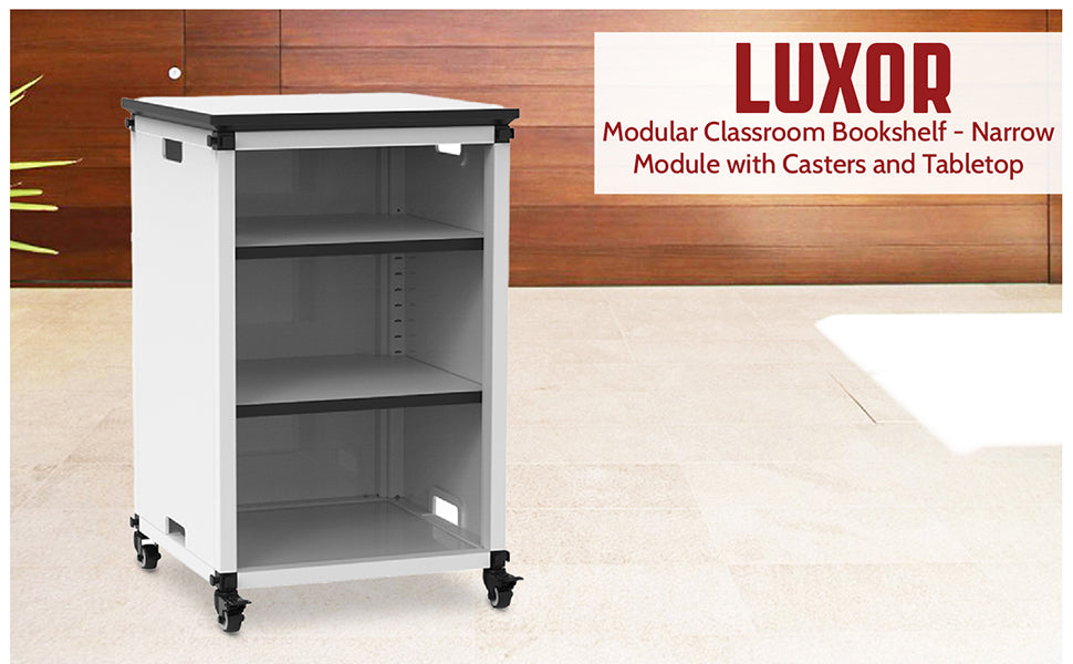 Bookshelf, Narrow Module with Casters and Tabletop, 1.5 casters (two with locking brakes), Overall: 8"W x 27"D x 28" to 21"H (DROP SHIP ONLY)