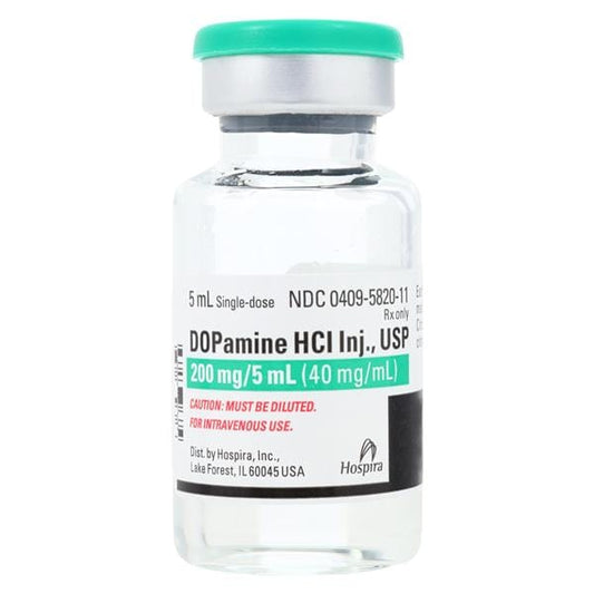 Dopamine Hydrochloride Injection, USP, 40 mg/ml, 5 ml Vial, Single Dose, Glass Fliptop Vial, 25/bx (Rx) (Item is Non-Returnable) (We must have your Wholesale Drug License on File before shipping this product) (US Only, Excluding IN and ND)