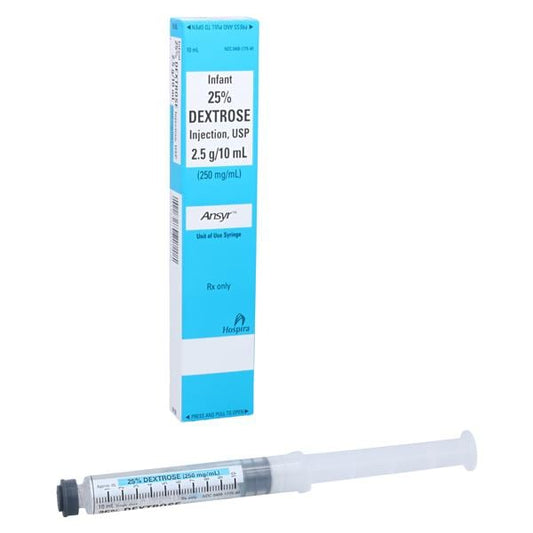 25% Dextrose Injection, USP (Infant Use), 250 mg/ml, 10 ml Ansyr Plastic Syringe, 10/bx (Rx) (Item is Non-Returnable) (We must have your Wholesale Drug License on File before shipping this product) (US Only, Excluding IN and ND)