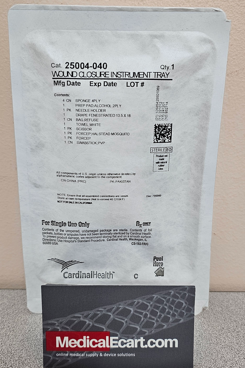 Laceration Tray, Includes: (1) 5" Webster Smooth Jaw Needle Holder, (1) Polybacked Fenestrated 13.5" x 18" Drape, (1) 1.187" x 2.625" PVP-I Prep Pad, Medium, (1) 12" x 6" x 18" Plastic Bag, (1) White Absorbent Towel, (1) 4.5" Iris Sharp Straight Scissors, (1) 5" Halstead Mosquito Curved Forceps, (1) 4.75" Adson Tissue 1 x 2 Teeth Straight Forceps, (4) 4" x 4" 8-Ply Non X-Ray Gauze, (1) Webcol 2-Ply Alcohol Prep Pad, 20/cs (Continental US Only)