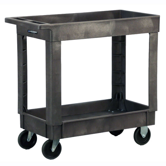 17-1/2"W X 34-1/2"L X 32-3/4"H Plastic Utility Cart; 500 Lb. Capacity; Two 16"W X 30-1/3"L Shelves W/19" Shelf Clearance; 2 Swivel, 2 Fixed 5" Casters; Durable Foam Plastic Construction; 3" Edge On Shelves; Easy Assembly