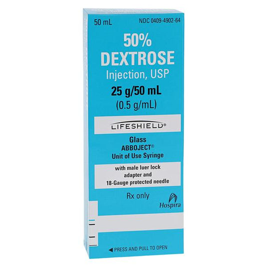 50% Dextrose Injection, USP, 25 g/ 50 ml, LifeShield Abboject Glass Syringe, 18G x 1.5", 10/bx (Rx) (Item is Non-Returnable) (We must have your Wholesale Drug License on File before shipping this product) (US Only, Excluding IN and ND)