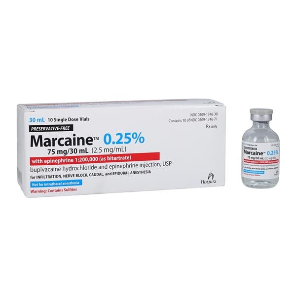 Marcaine with Epinephrine as the Bitartrate, 1:200,000, 2.5 mg/ml, 30 ml Vial, Single Dose, Glass Fliptop Vial, 10/bx (Rx) (Item is Non-Returnable) (We must have your Wholesale Drug License on File before shipping this product) (US Only, Excluding IN and ND)