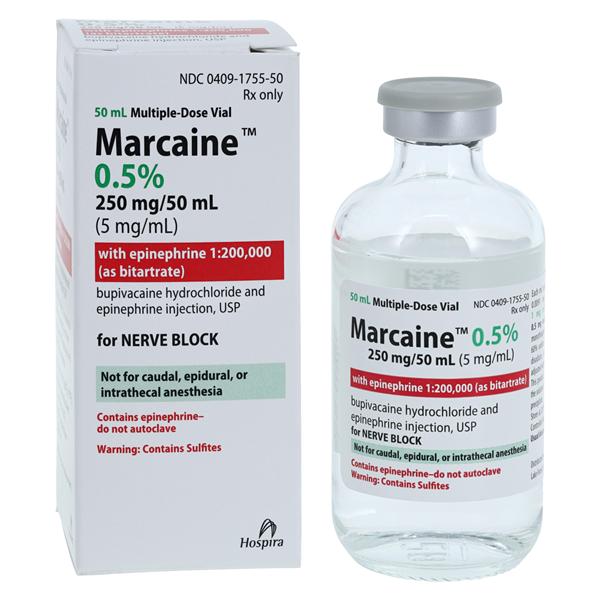 Marcaine with Epinephrine as the Bitartrate, 1:200,000, 5 mg/ml, 50 ml Vial, Multiple Dose, Glass Fliptop Vial (Rx) (Item is Short-dated; Non-Returnable) (We must have your Wholesale Drug License on File before shipping this product) (US Only, Excluding IN and ND)