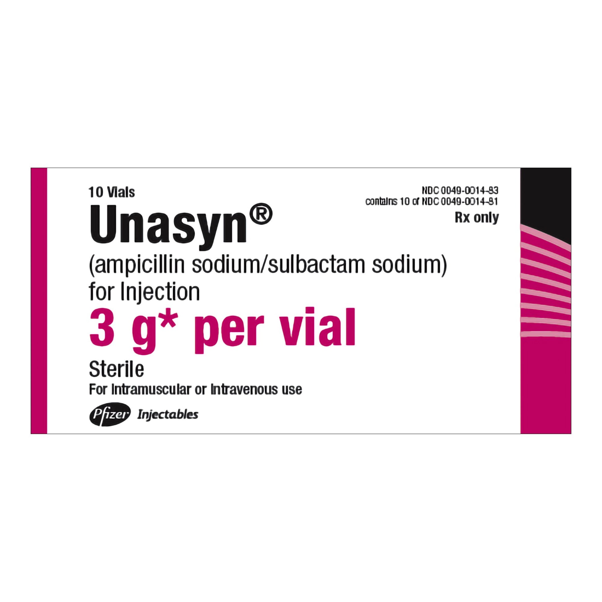 Unasyn (Ampicillin Sodium/Sulbactam Sodium), 1.5 g Vial, 10/bx (Rx) (Item is Non-Returnable) (We must have your Wholesale Drug License on File before shipping this product) (US Only, Excluding IN and ND)