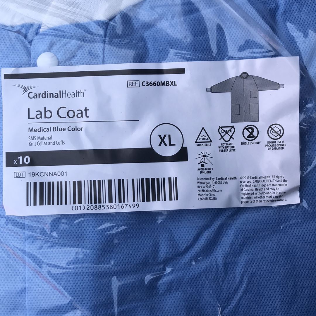 Lab Coat, SMS, Disposable, Knit Collar, Knee Length, Snap Closure, Pockets, Blue, X-Large, 10/pk, 5 pk/cs (Continental US Only)
