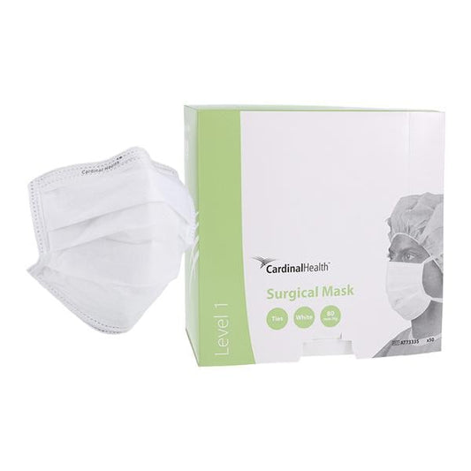 Surgical Mask, 3-Layer Spunbond Polypropolene/Filtered Media/Spunbond Polypropolene, Pleated, Tie-On, White (dye free), 50/bx, 6 bx/cs (Continental US Only) (On Vendor Allocation - Availibility May Be Limited)