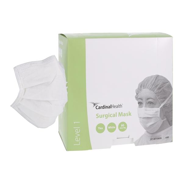 Surgical Mask, 3-Layer Spunbond Polypropolene/Filtered Media/Cellulose, Pleated, Tie-On, White (dye free), 50/bx, 6 bx/cs (Continental US Only) (On Vendor Allocation - Availibility May Be Limited)