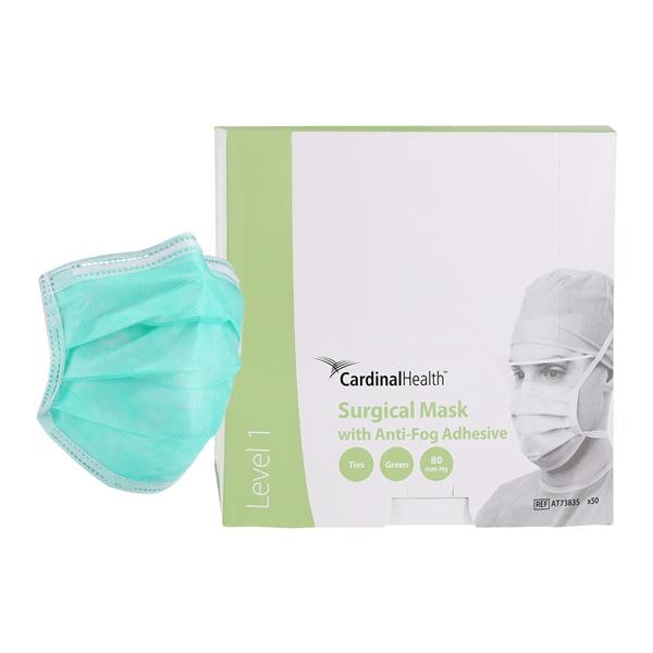 Surgical Mask, 3-Layer Spunbond Polypropolene/Filtered Media/Cellulose, Pleated, Odorless Adhesive Anti-Fog, Tie-On, Green, 50/bx, 6 bx/cs (Continental US Only) (On Vendor Allocation - Availibility May Be Limited)