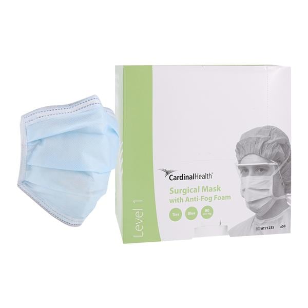 Surgical Mask, 3-Layer Spunbond Polypropolene/Filtered Media/Cellulose, Pleated, Foam Anti-Fog, Tie-On, Blue, 50/bx, 6 bx/cs (Continental US Only) (On Vendor Allocation - Availibility May Be Limited)