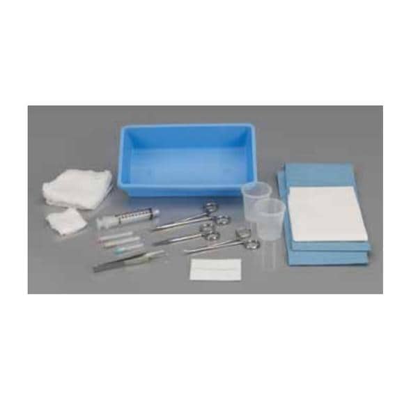 Laceration Tray, Includes: (1) CSR Wrap, (1) 2_" Round Fenestration White Drape, (5) 2" x 2" Gauze, (10) 4" x 4" Gauze, (1) Adson Tissue Forcep, 4_", Straight, 1 x 2 Teeth, (1) Halstead Mosquito Forcep, 5", Curved, Serrated Jaw, (1) Iris Scissor, 4_", Straight, Sharp/Sharp, (1) 10 ml Luer Lock Syringe, (2) Scrim Towels, Blue, (2) Blank White Waterproof Labels, (2) 2oz Medicine Cups,(1) 18G x 1 1/2", 25G x 5/8" and 27G x 1 1/2" Needles, (1) Compartment Tray, 20/cs (Continental US Only)