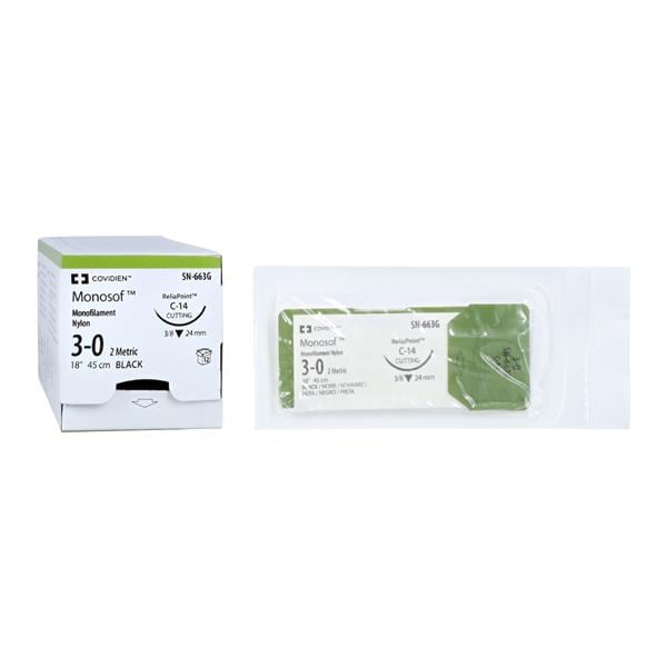 Suture, Reverse Cutting, Size 3-0, Black, 18", Needle C-14, 3/8 Circle, 1 dz/bx (Continental US Only)