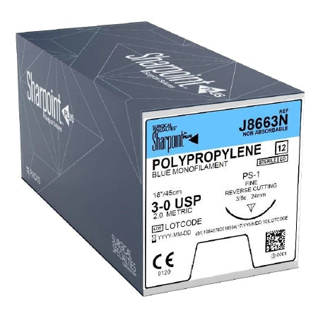 Polypropylene Suture, Monofilament, Reverse Cutting, Size 3-0, 18"/45cm, 24mm, 3/8 Circle, 12/bx