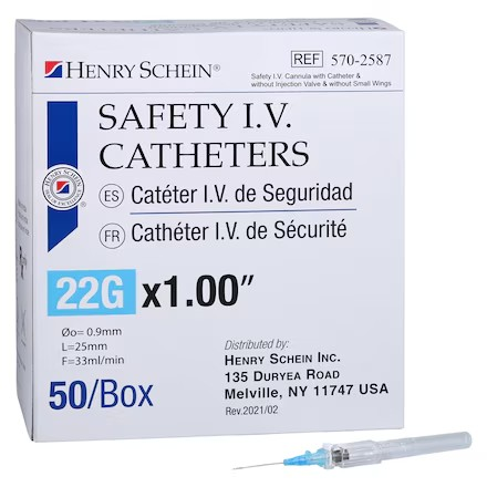 IV Catheter Push Button 22 Gauge 1" 50/Bx (5702587)