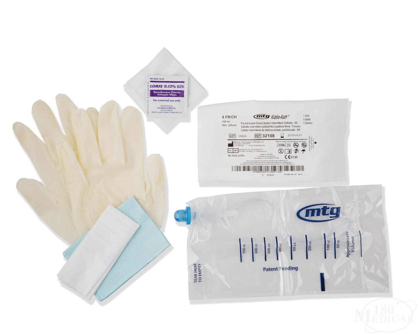 MTG Kiddie-Kath 8FR Closed System 10" Straight Catheter with Introducer Tip, EZ-Advancer Locking Valve, and a 700mL Collection Bag. One privacy bag included., 100ea/cs