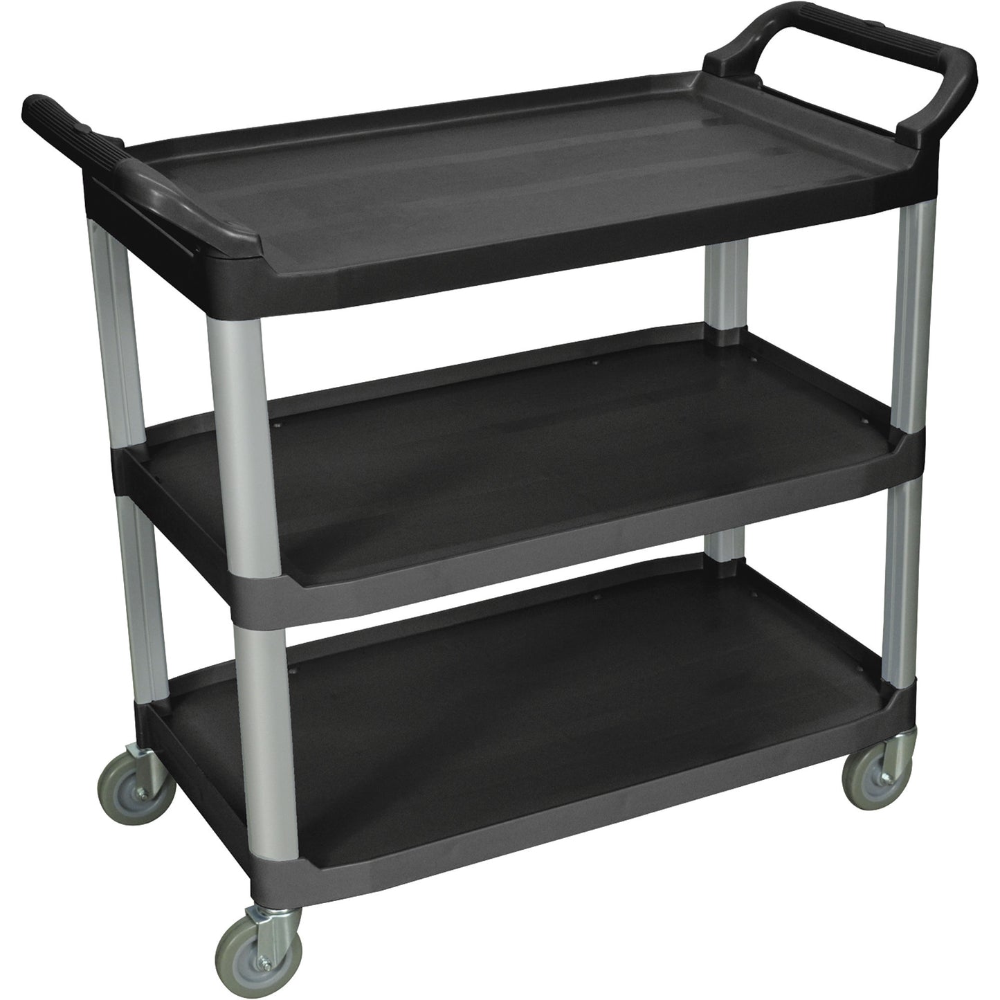 Serving Cart, Three Shelves, Black, Polypropylene Shelves, Aluminum Uprights, 1" Lip, 40.5"W x 19.75"D x 37.25"H, 300 lb. Weight Capacity (DROP SHIP ONLY)