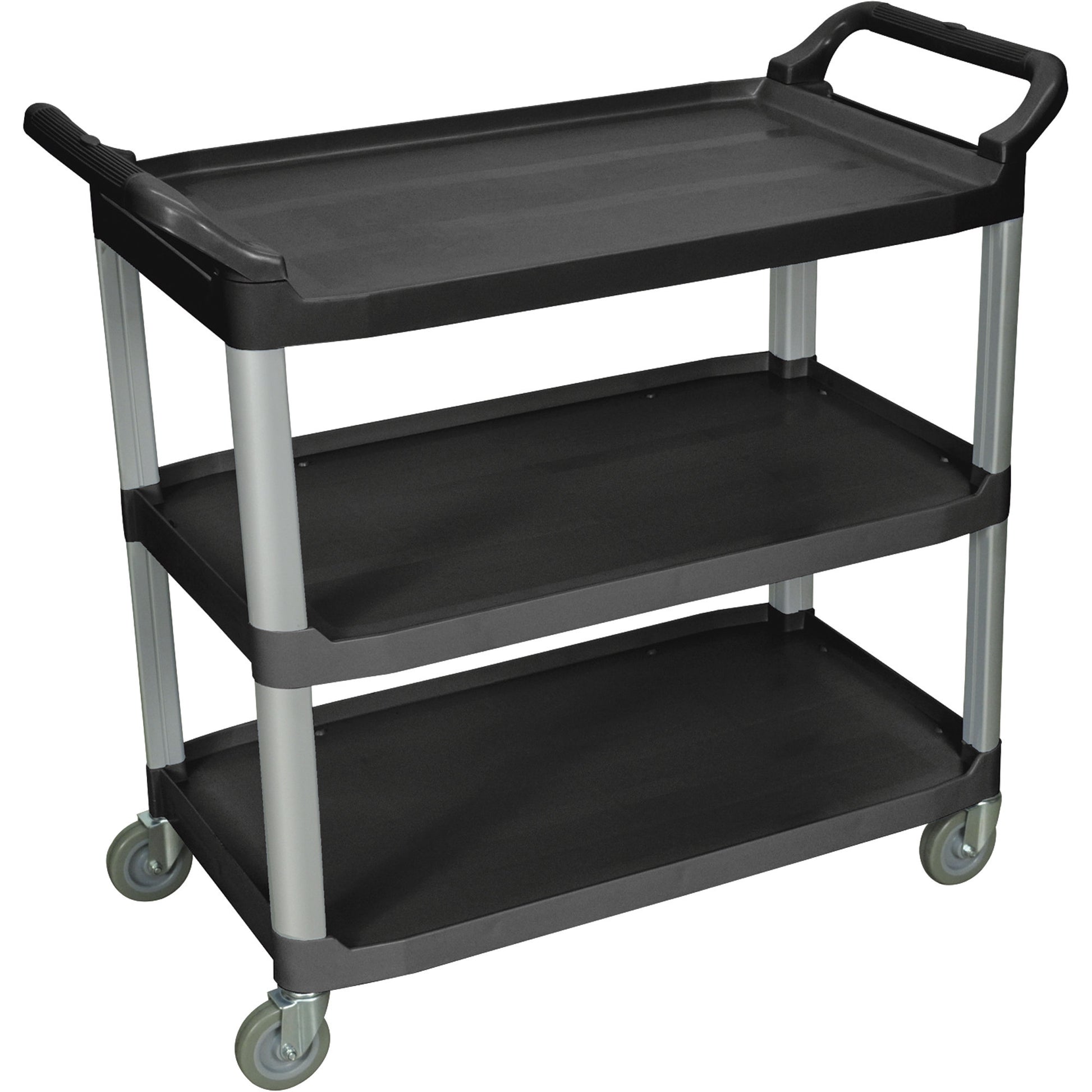 Serving Cart, Three Shelves, Black, Polypropylene Shelves, Aluminum Uprights, 1" Lip, 40.5"W x 19.75"D x 37.25"H, 300 lb. Weight Capacity (DROP SHIP ONLY)