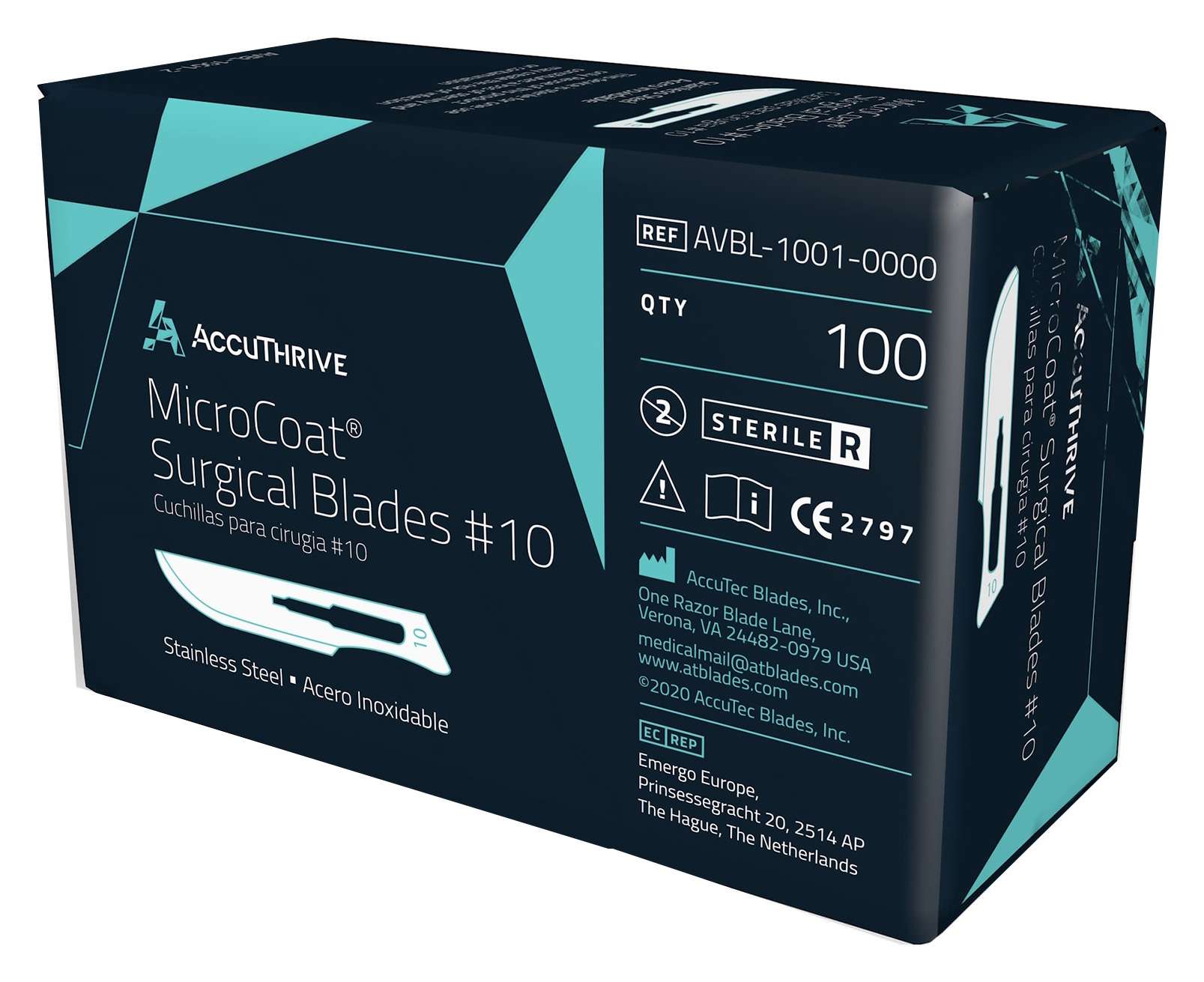 AccuThrive #10 Surgical Blade, Stainless Steel, MicroCoat, Sterile, 100bl/ct, 5ct/cs