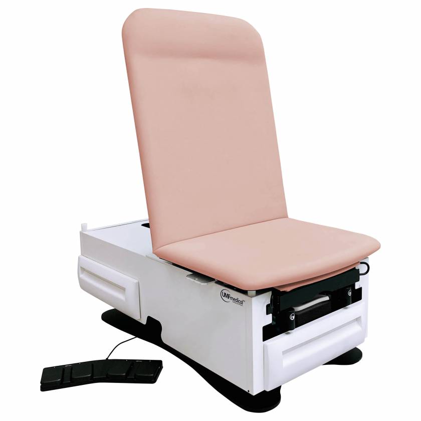 Exam Table, ADA Model 3503 with Power Backrest, Seamless Upholstered Top, Stirrups, Drain Pan, Electrical Receptacle, Drawer Warmer, Foot Control, Front Storage Drawer, Rear Reversible Storage Drawer, Available in 16 Colors (DROP SHIP ONLY)