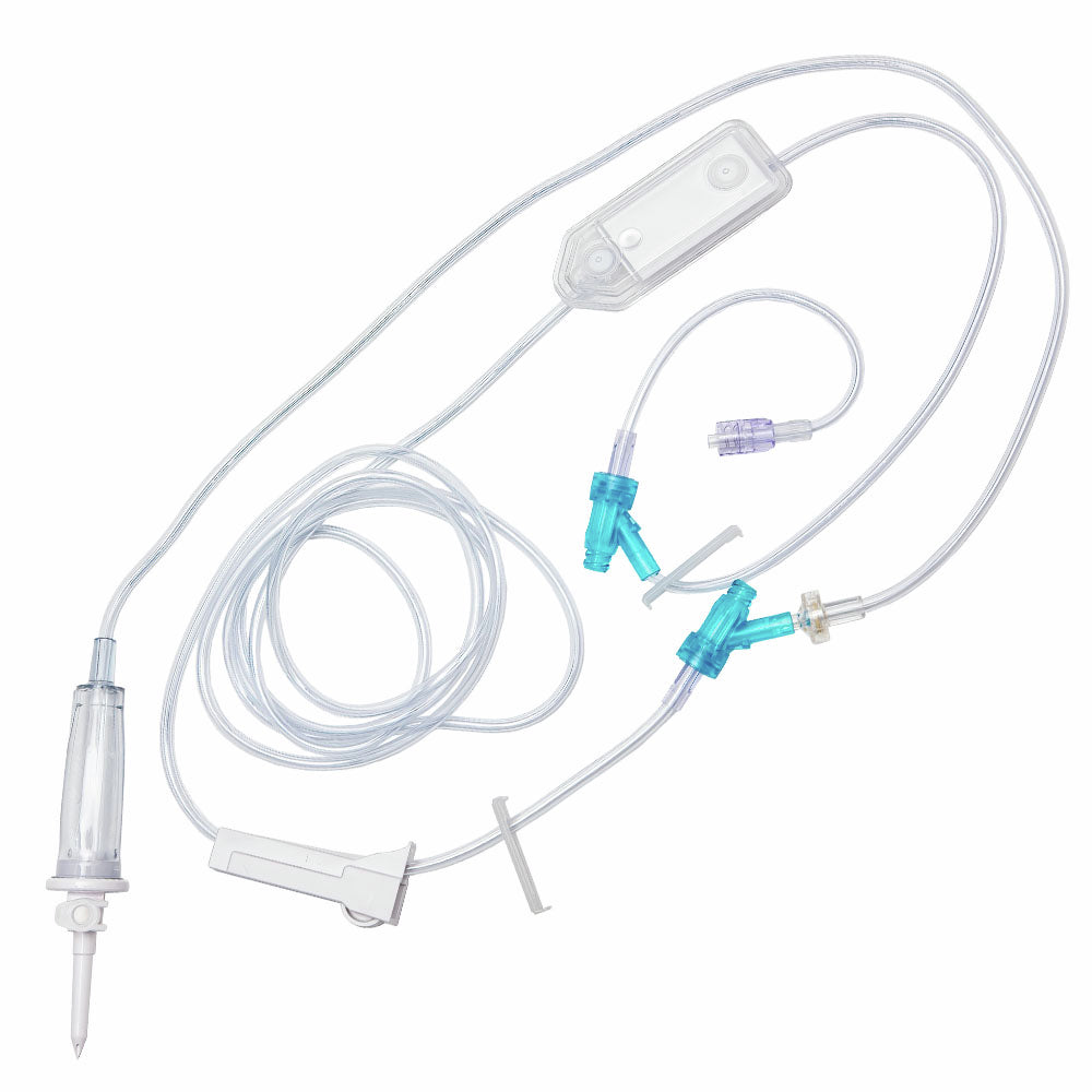 IV Admin Set, Universal Spike, Backcheck Valve, Needle-Free Access Ports 76" & 6" Above Distal End, Roller Clamp, Slide Clamp, SUPOR Membrane 0.2 Micron Air-Eliminating Filter, Sliding SPIN-LOCK Connector, DEHP & Latex Free (LF), 15 Drops/mL, 22mL Priming, 50/cs (Rx) (Item is Non-Returnable) (Continental US+HI Only, Excluding IN and ND)