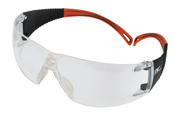 Wraparound Safety Glasses, Black Frame/Orange Tips/Clear Lens, Universal Size, 12/bx (US SALES ONLY)