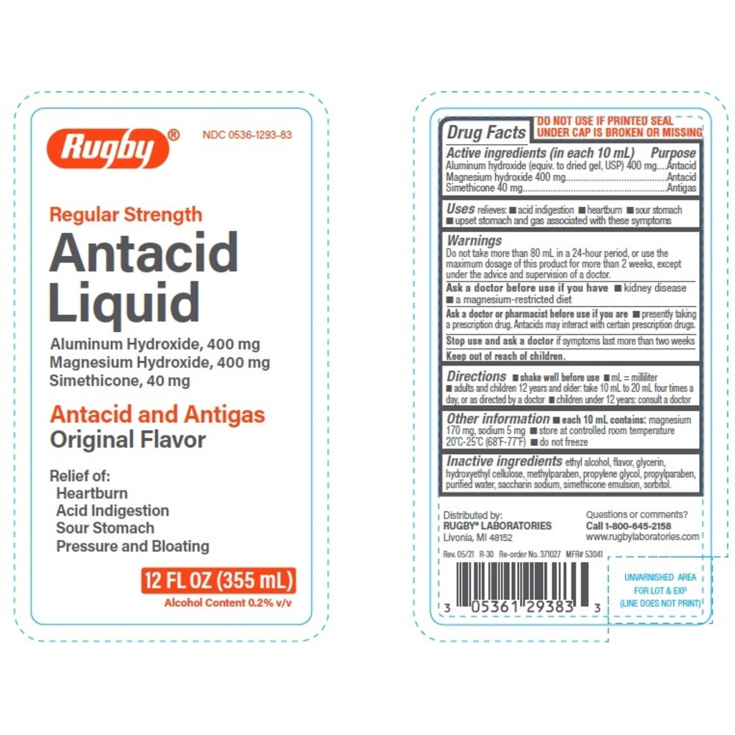 Mi-Acid Liquid, Regular Strength, 355ml, Compare to Mylanta Regular Strength Liquid, NDC# 00536-1293-83, 12/cs (US Only)