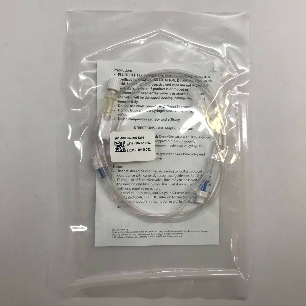 SmartSite Extension Set, (2) Pinch Clamps, (2) SmartSite Needle-Free Valves 7", 32" from Fixed Male Luer Lock, 41" Length, 6 ml, Not Made with DEHP, Sterile, 100/cs (Continental US Only) (Drop Ship Requires Pre-Approval)