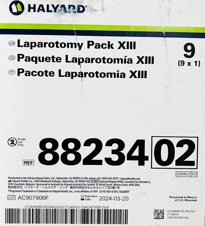 Laparotomy Pack XIII Includes: Laparotomy Drape, Mayo Stand, Back Table Cover, Absorbent Towel & (4) Utility Drapes with Tape, 9/cs (US Only)