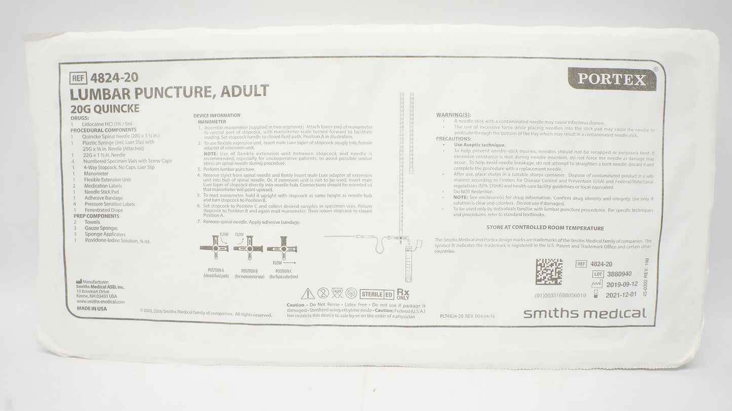 Portex Lumbar Puncture Tray, Adult, 20G x 3_, 10/cs (US Only)