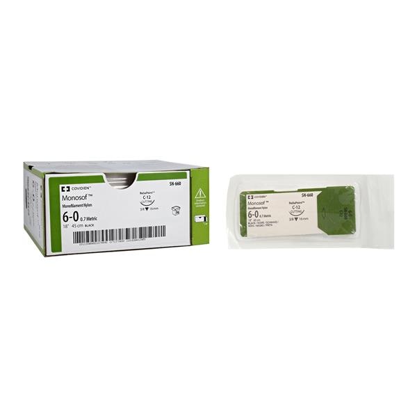 Suture, Reverse Cutting, Size 6-0, Black, 18", Needle C-12, 3/8 Circle, 3 dz/bx (Continental US Only)