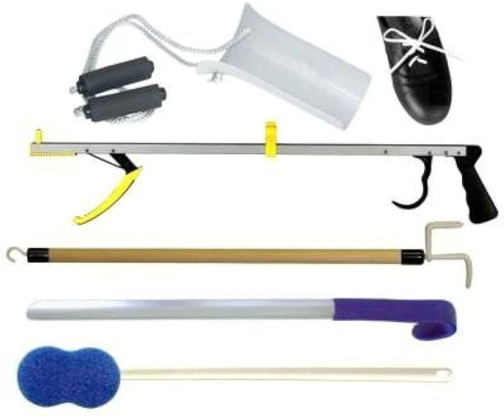 Basic Hip Kit Includes: 32" Ergo Plus Reacher, Sock Aid with Foam Handles, (2) Pair Each Elastic Shoe Laces Black & White, 27" Dressing Stock, 24" Stainless Steel Shoehorn & Long Handle Bath Sponge (A handling charge of $9.95 will be added to any order under $25.00) (DROP SHIP ONLY)