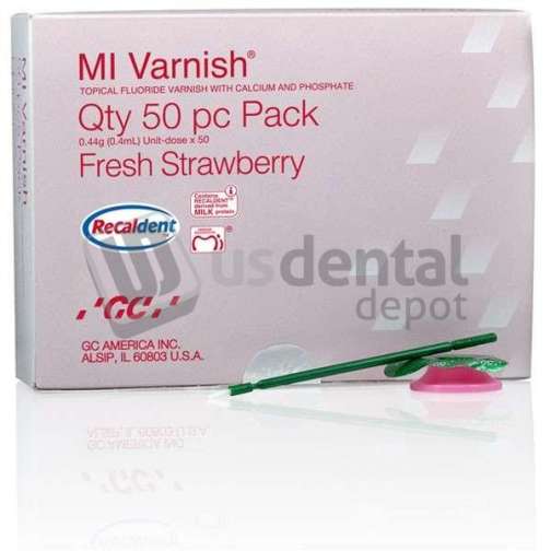 MI Varnish Strawberry, 50 pc Pack, Strawberry (.40 mL per pc) 50 disposable green applicators (For Sale in the U.S. Only) (Item is considered HAZMAT and cannot ship via Air or to AK, GU, HI, MP, PR, VI)