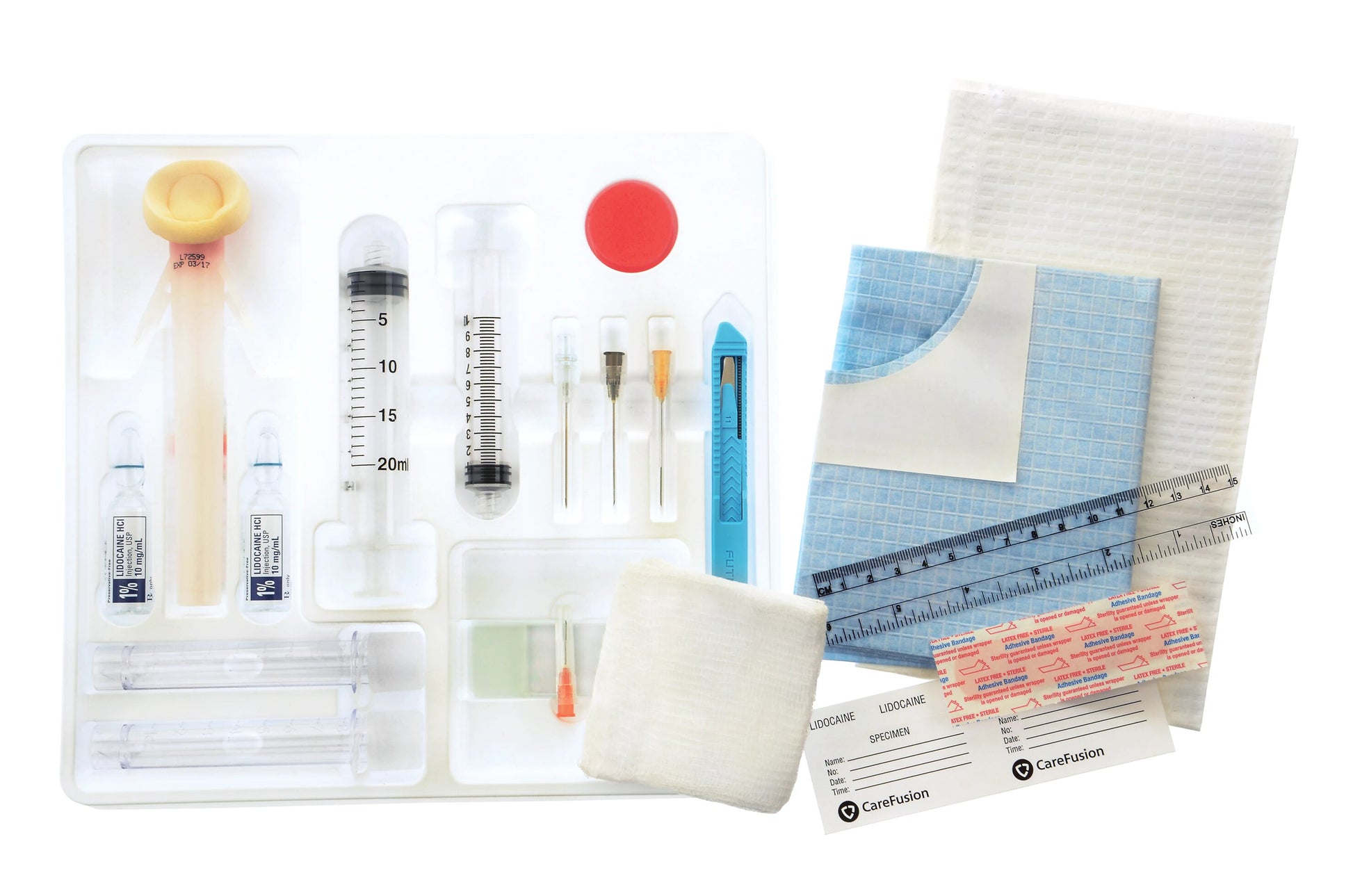 Soft Tissue Biopsy Tray, Includes: 25G x 5/8" Needle, 25G x 1_" Needle, 22G x 1_" Needle, 20G x 1_ Needle, Mini Scalpel, 6" Ruler, Alcohol Prep Pad, PVP-I Swab Sticks, USP, 1% Available Iodine, Fenestrated Drape, Towels, 19G x 1_" Filter Needle, 10ml Luer Lock Syringes, 5ml Lidocaine Hydrochloride USP 1%, 10ml Specimen Vial w/ Caps, Numbered and Calibrated, 10/cs