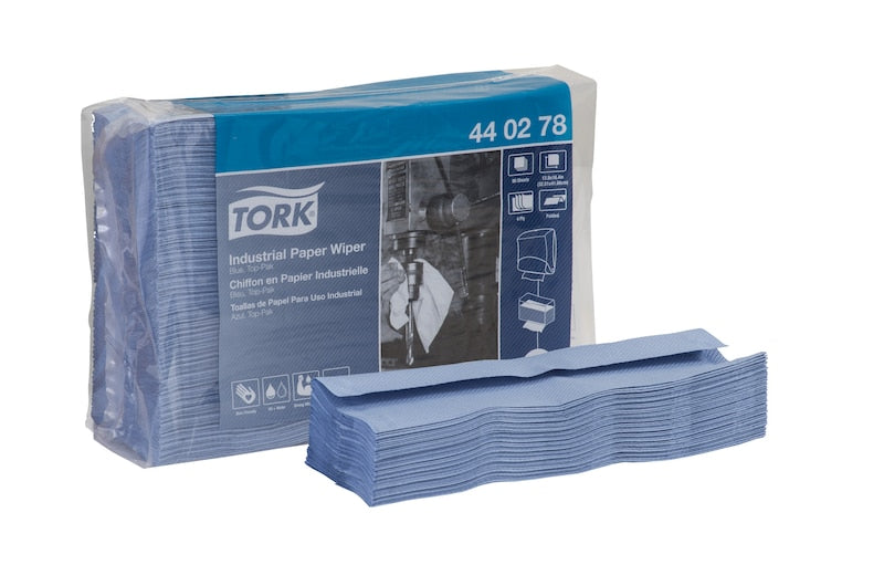 Tork Industrial Paper Wiper, Top-Pak, Blue, 12.8125 x 16.4, 90 wipers/pk, 5 pk/cs (60 cs/plt)