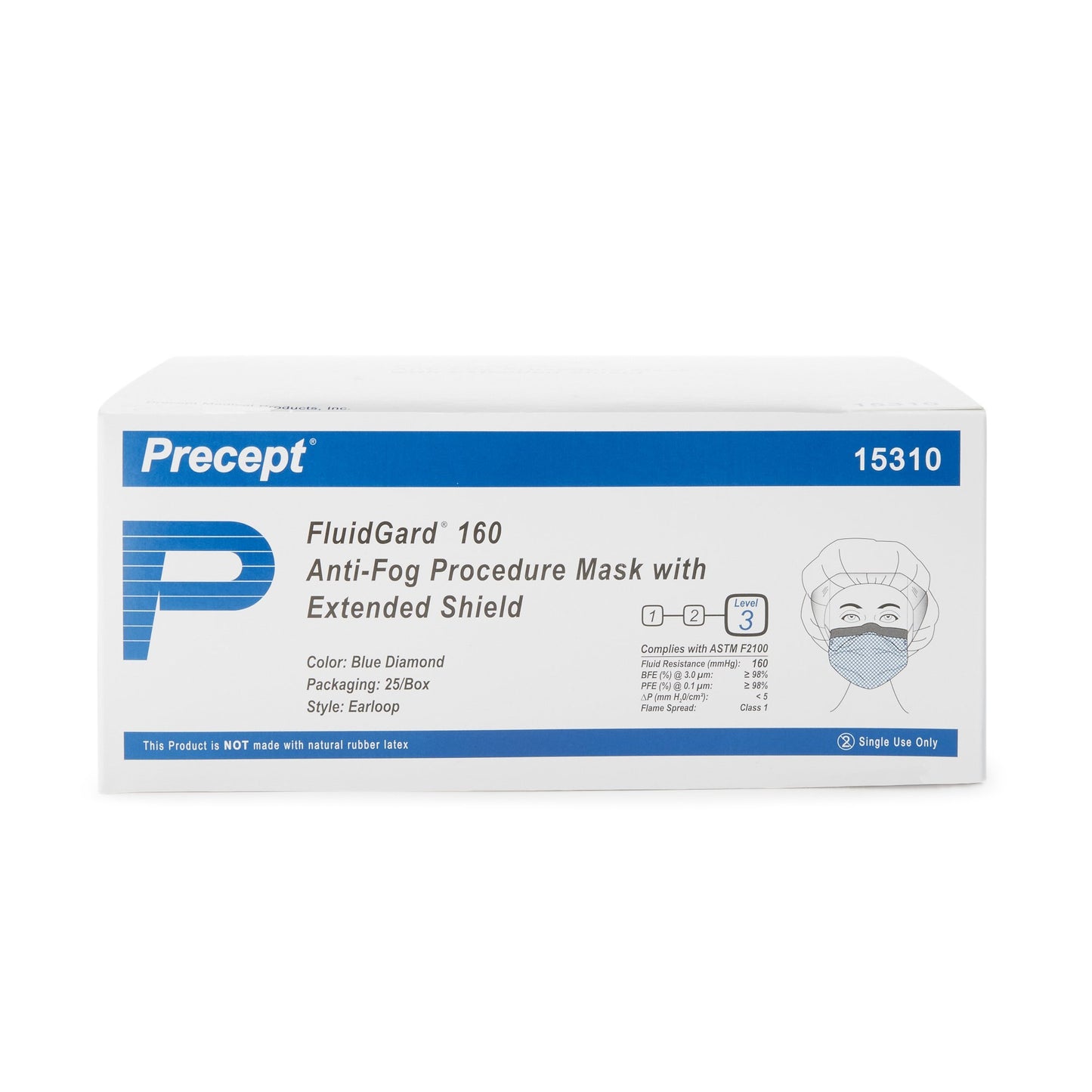Mask, Procedure, FluidGard 160 Anti-Fog w/ Extended Shield, Blue Diamond,100/cs