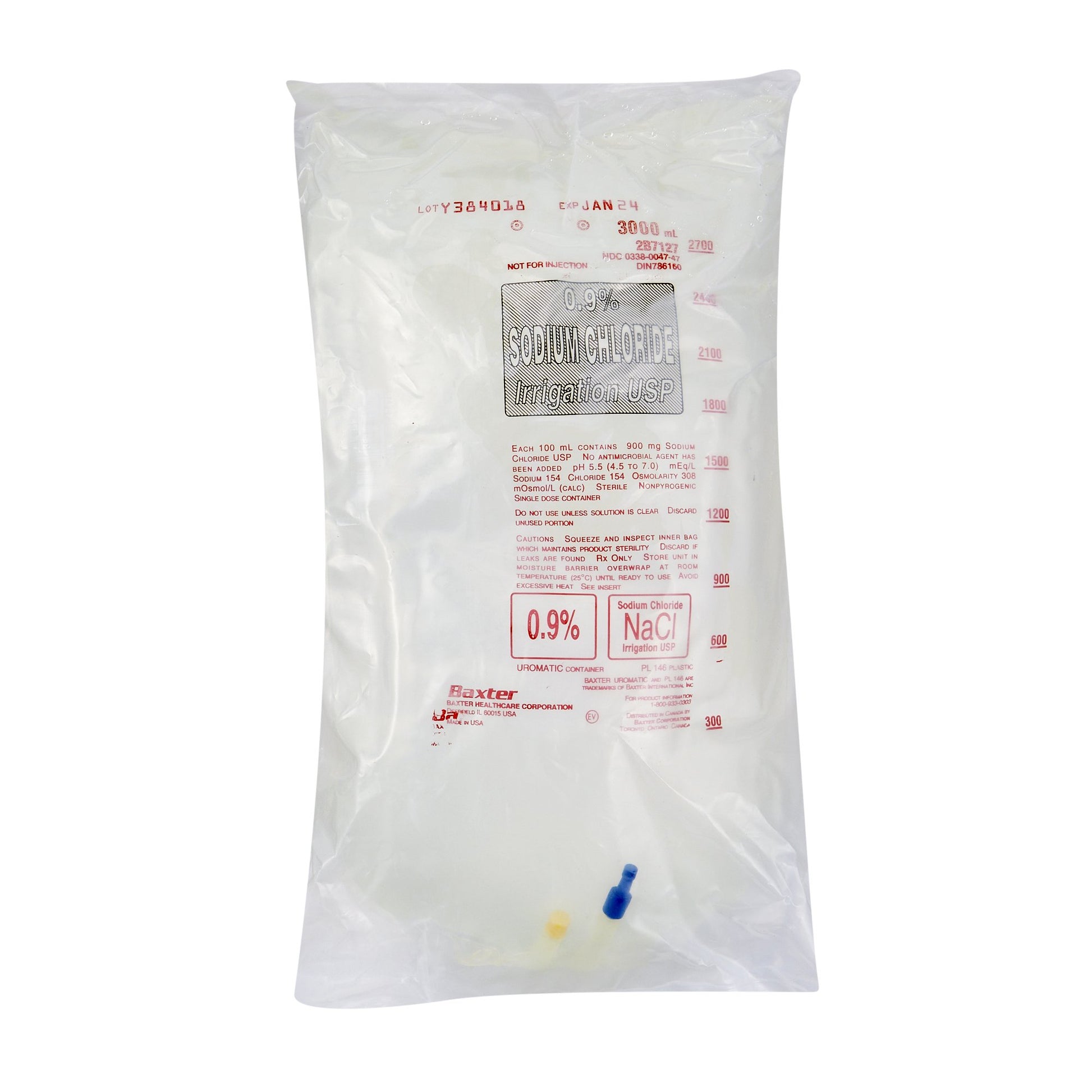 Sodium Chloride Injection, 0.9%, USP, 3000 ml, Uromatic Plastic Container, Non-Pyrogenic, Sterile, 4/cs (Rx) (Continental US Only) (Product Access Restricted. Check with your sales rep to verify eligibility) (Item is on Manufacturer Allocation - Quantities may Limited)