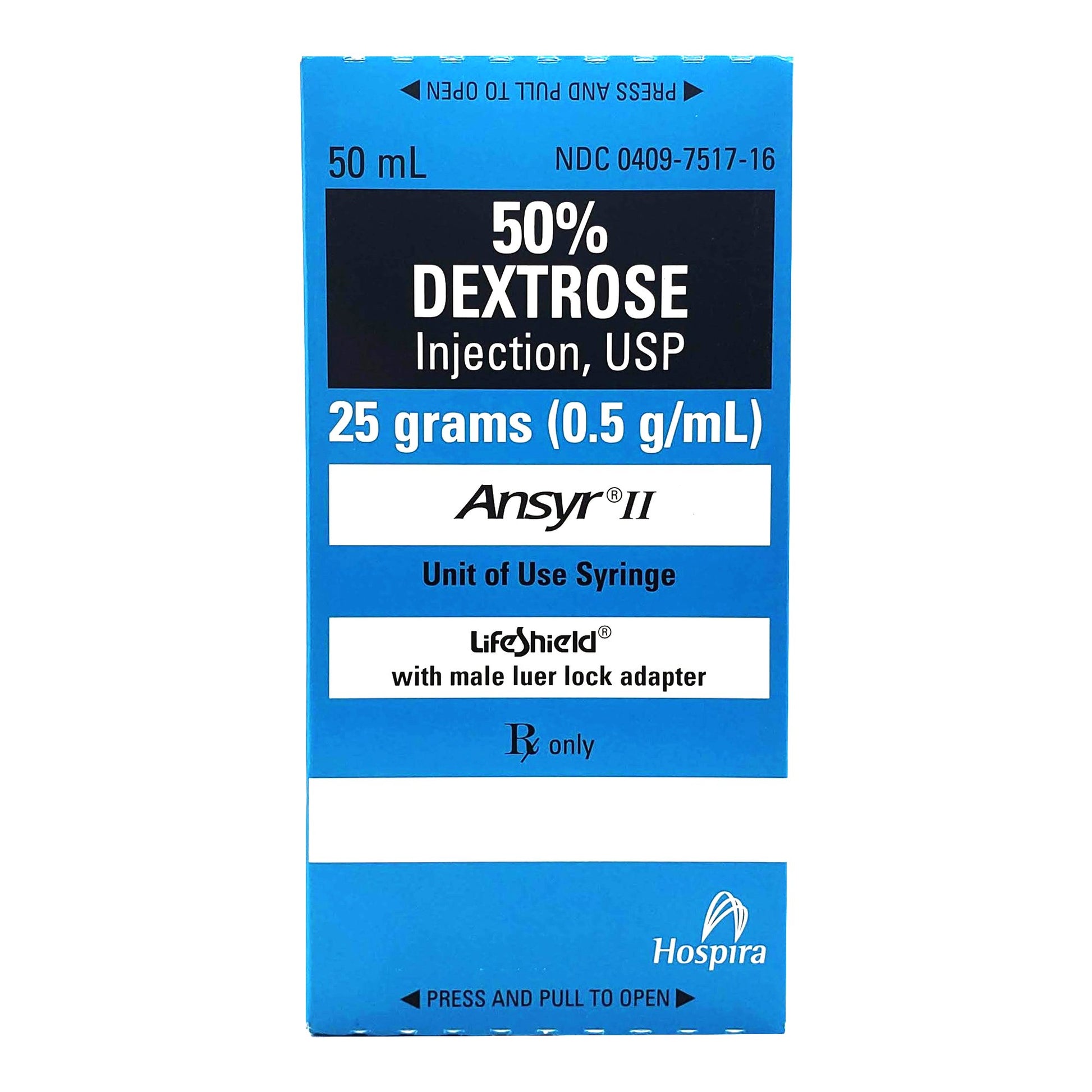50% Dextrose Injection, USP, 25 g/ 50 ml, Ansyr II Plastic Syringe, 10/bx (Rx) (Item is Non-Returnable) (We must have your Wholesale Drug License on File before shipping this product) (US Only, Excluding IN and ND)