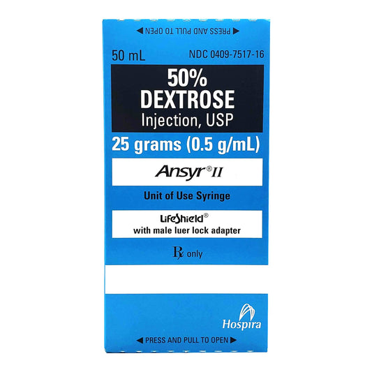 50% Dextrose Injection, USP, 25 g/ 50 ml, Ansyr II Plastic Syringe, 10/bx (Rx) (Item is Non-Returnable) (We must have your Wholesale Drug License on File before shipping this product) (US Only, Excluding IN and ND)