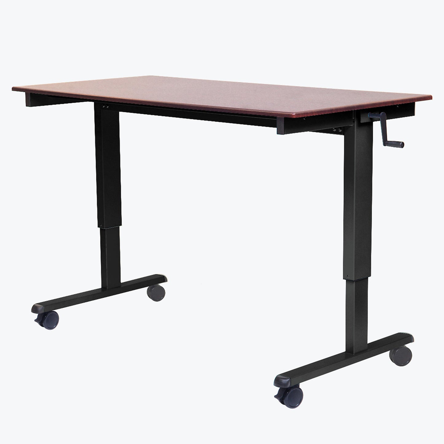 Crank Stand Up Desk, 48" Single Column, (4) 3" Casters (2 with Locking Brakes), Overall: 47.25"W x 29.5"D x 29.5" to 45.25"H, Black/Dark Walnut (DROP SHIP ONLY)