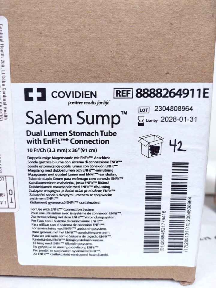 Salem Sump PVC Tubes with ENFit Connection, 10 FR, 36" Length, 50/cs (Continental US Only) (Temporarily Unavailable for Sale)