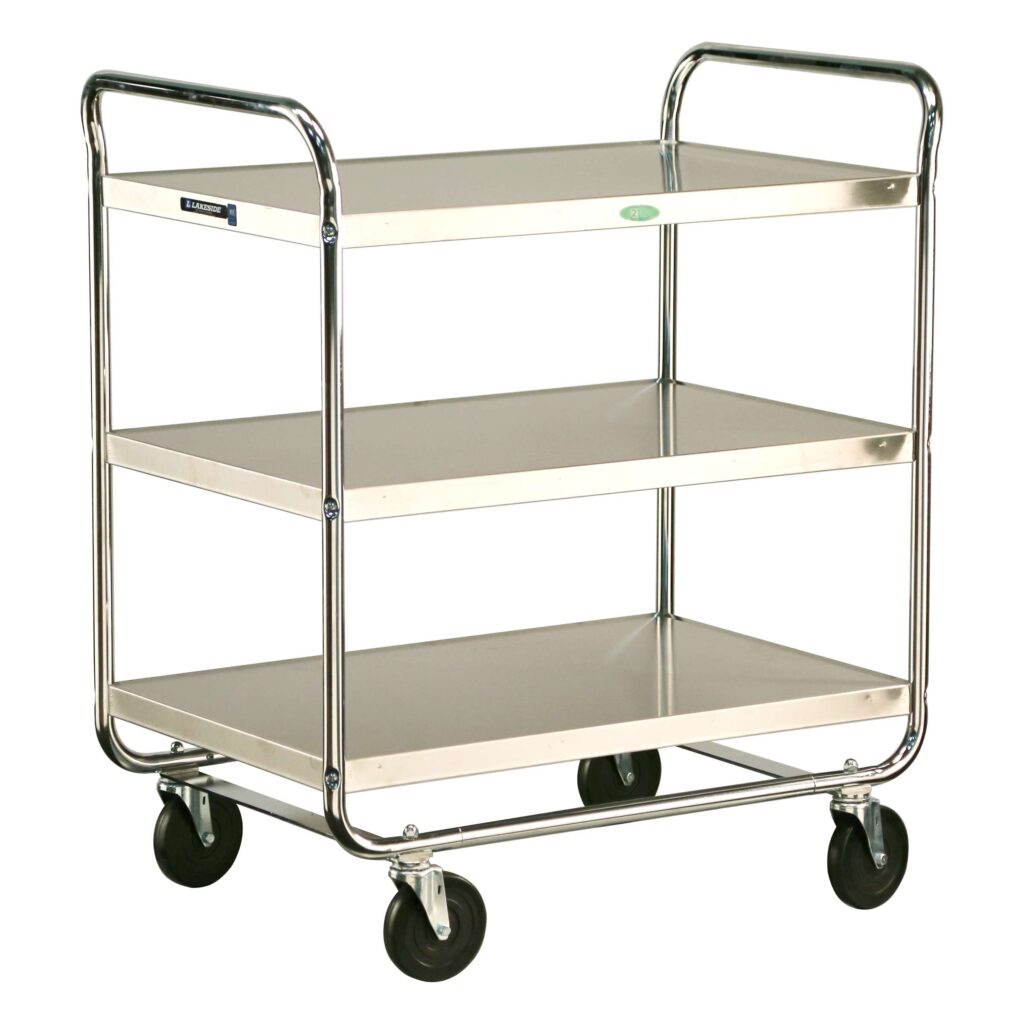 Medium Duty Cart, 3 Shelves, 23"W x 36"L x 40 1/8"H, 500 lb Capacity, 5" Swivel Casters, Chrome Plated Legs/ Frame, 21" x 33" Shelf, 10_" Clearance