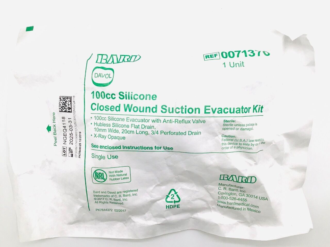 Evacuator Kit, Silicone, 100cc, 3/4 Perforation Pattern, Hubless Flat Drain, 20cm Length, 10mm Width, 20/cs